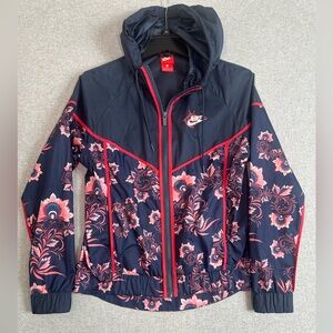 Nike Floral Full Zip Windrunner Jacket Womens Small Vented Windbreaker Navy Pink